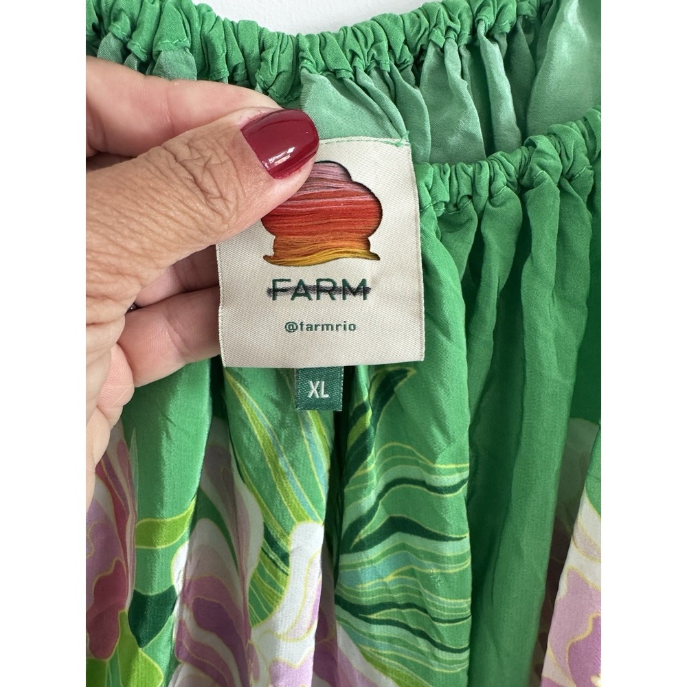 Farm Rio Dress Green Floral Vibing Maxi One Shoulder Silky Viscose fabric XL - Picture 6 of 10